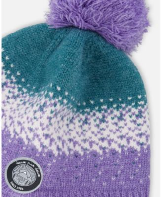 Girl Lined Peruvian Knit Hat with Pompom Lilac and Green - Toddler|Child