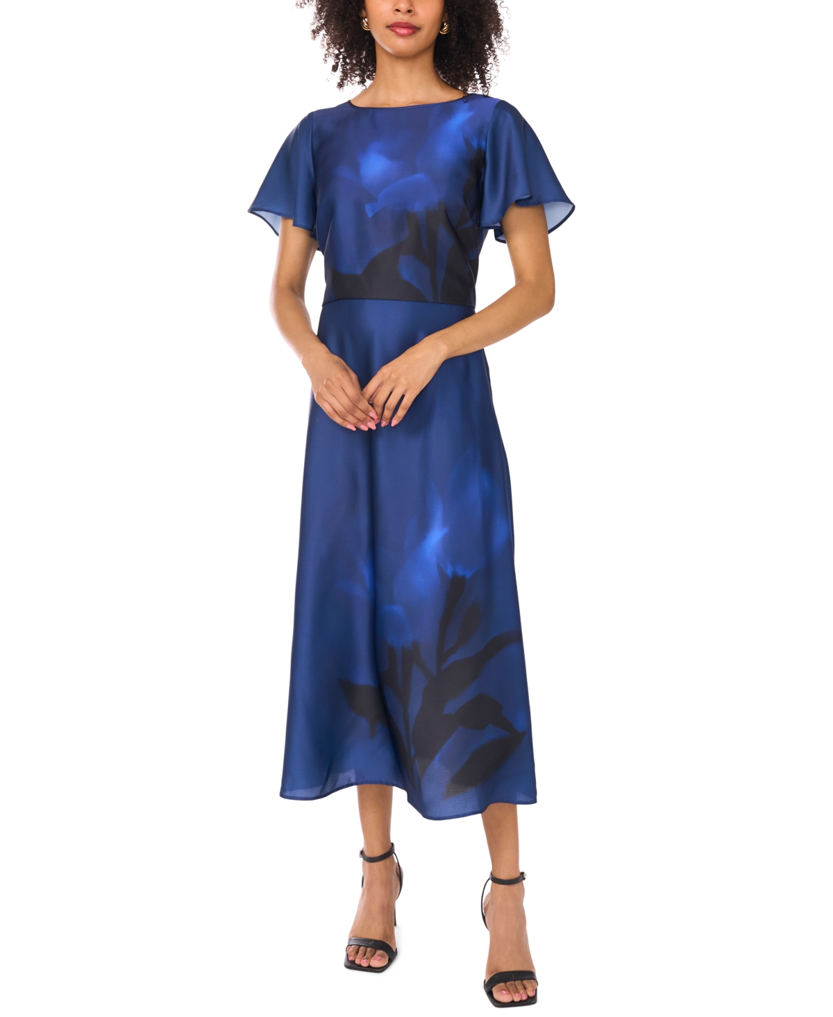 Vince Camuto Flutter Sleeve Round Neck Blouse In Blue
