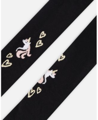 Girl Knit Tights Black with Unicorns and Hearts - Toddler|Child