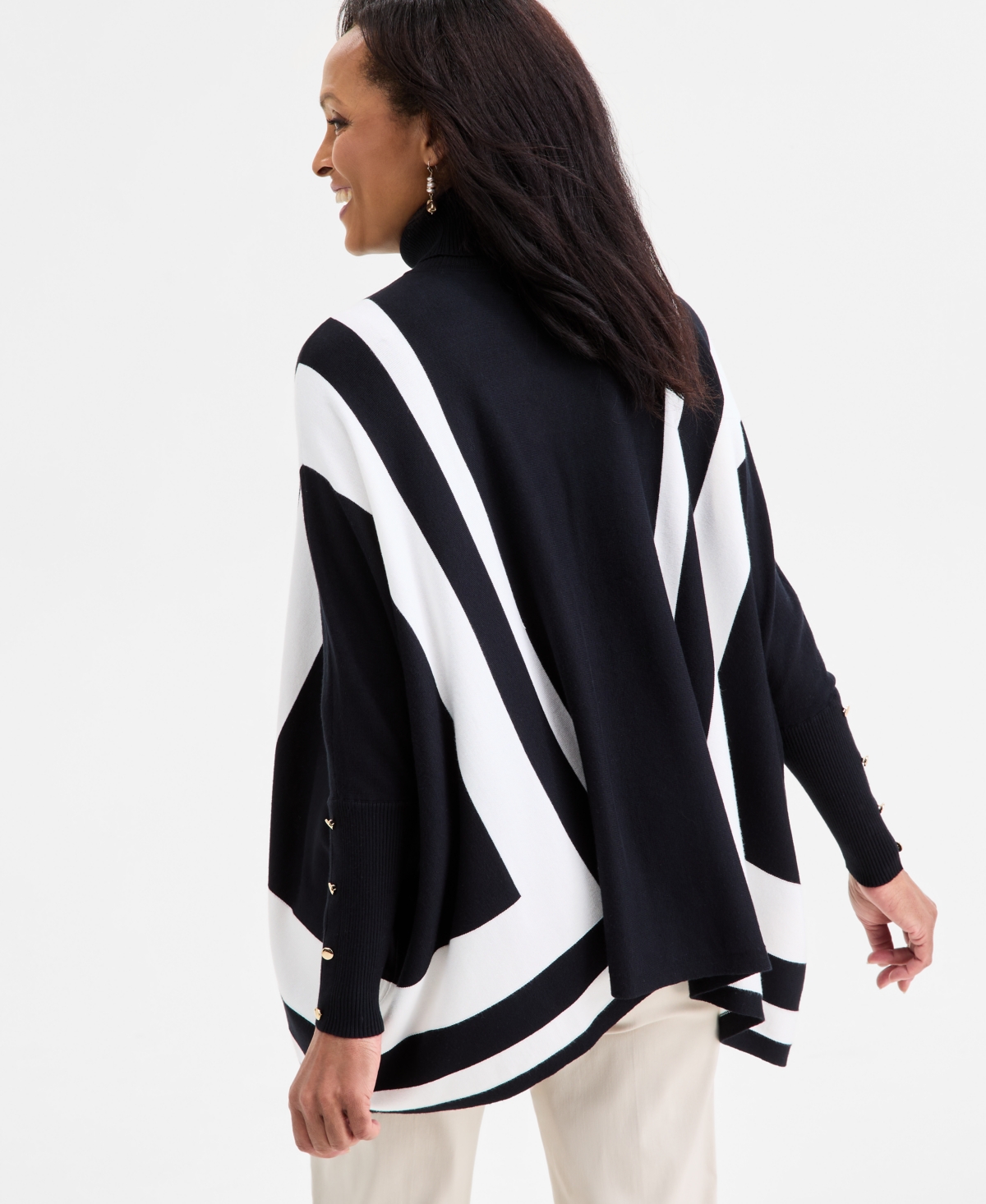 Jm Collection Women's Stripe Turtleneck Poncho Sweater, Macy's Exclusive In Black