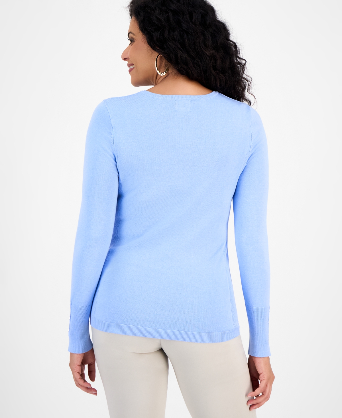 Jm Collection Women's Button-sleeve Crewneck Sweater, Created For Macy's In Blue