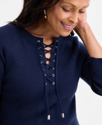 Women's Ribbed Lace-Up Sweater, Macy's Exclusive