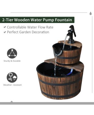 2 Tier Fountain Rustic Wood Barrel Water Fountain w/ Pump Garden Decor