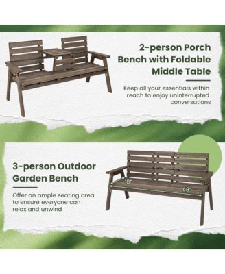Outdoor Fir Wood Bench w/ Foldable Middle Table w/ Backrest & Armrests