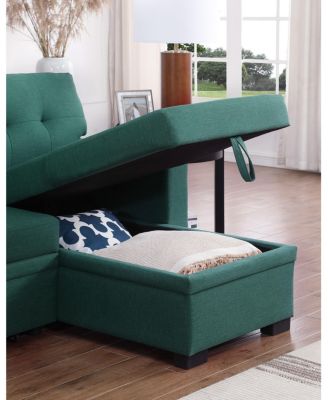 3-Piece Linen Sectional Sofa with Pull-Out Sleeper, Storage Chaise & Cup Holder,Green