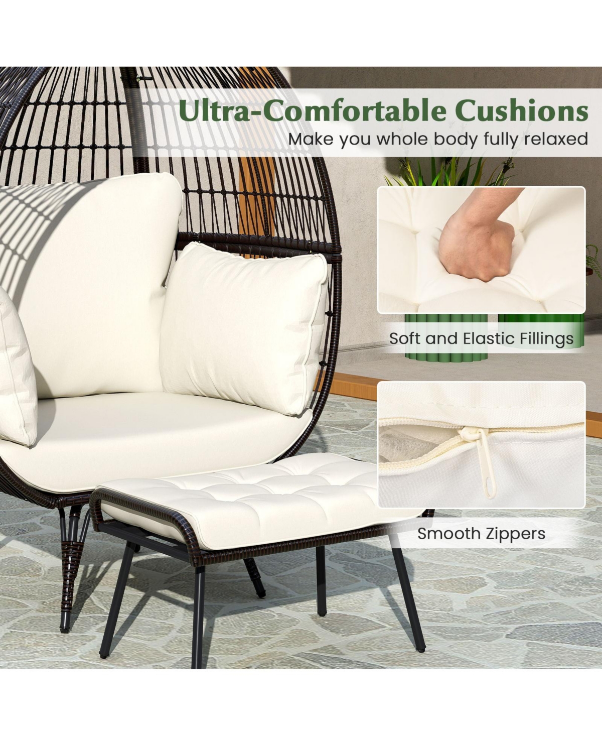 Gymax 2 Pcs Patio Wicker Lounge Basket Set Oversized Egg Chair w/ Soft Cushions