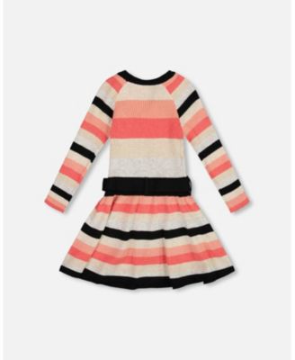 Big Girls Striped Knit Dress Beige Black and Pink