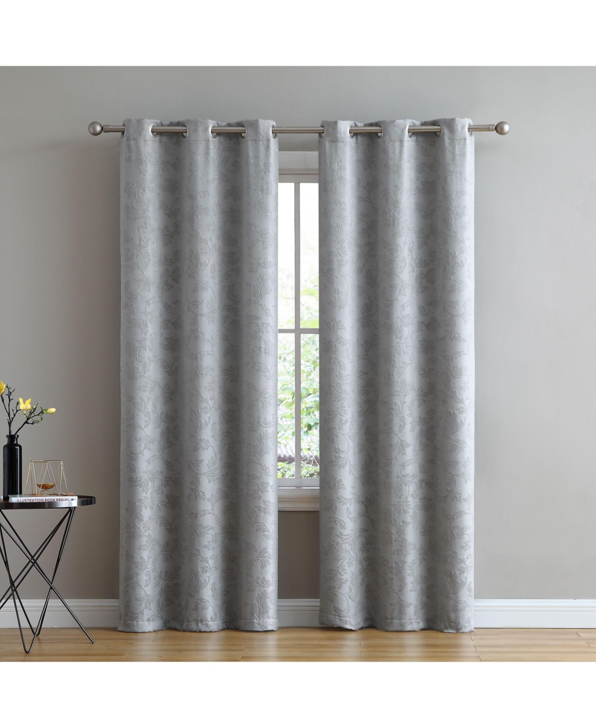 Chic Living 2 Pack Floral Leaves Embossed Room Darkening Grommet Top Curtain Panels - 84 in. Long - Silver - Wine/burgundy