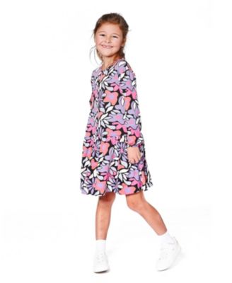 Girl Jersey Dress Black Retro Flower Print - Child