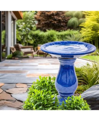 Daisy Embossed Bowl Ceramic Bird Bath with Glazed Finish - Blue - 21.5" H