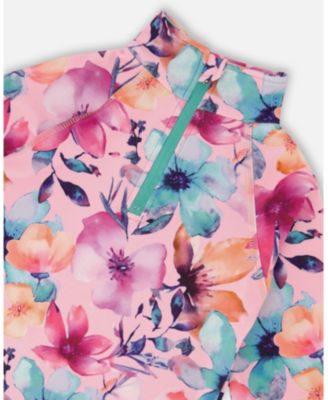 Girl Two-Piece Thermal Underwear Set Pink Watercolor Flower Print - Child