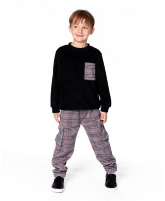 Boy Super Soft Brushed Jersey Long Sleeve Top Black with Plaid Pocket - Toddler|Child