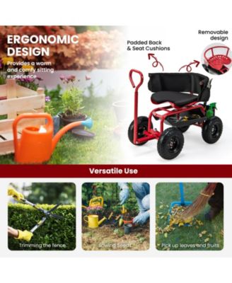Adjustable Rolling Garden Cart with Swivel Seat and Tool Storage