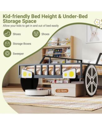 Twin Car-Shaped Metal Bed Frame with Wheels Decorations Safety Guardrails