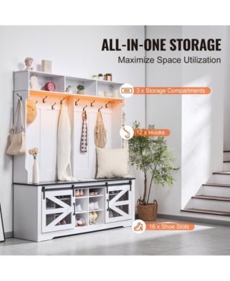 LED Hall Tree Bench with Shoe Storage, 12 Hooks, Shelves, and Seating for Entryway