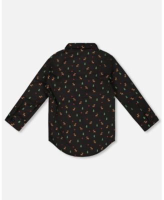 Baby Boy Printed Poplin Shirt Black and Multicolor with Bow Tie - Baby