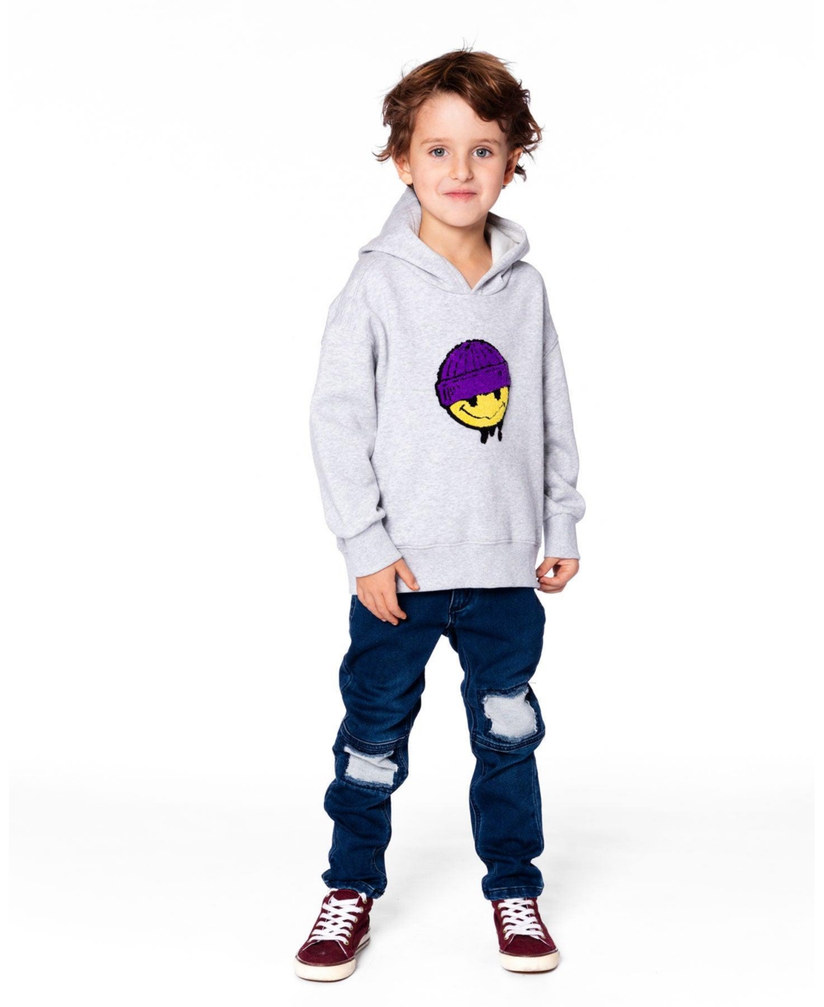 Deux par Boy Pullover Fleece Hooded Sweatshirt Light Heather Gray