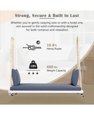 Patio Wooden Swing Chair, Hanging Porch Swing Bench with Cushion&Pillows, 10.8Ft Hemp Ropes for Garden,Backyard, Lawn,White