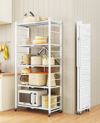5-Tier Foldable Storage Shelves, Metal Storage Rack with Wheels and Hooks