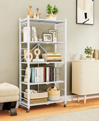 5-Tier Foldable Storage Shelves, Metal Storage Rack with Wheels and Hooks