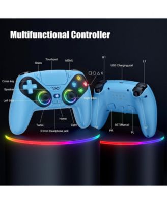RGB Wireless Controller for PS5/PC, Bluetooth, Dynamic Vibration, 6-Axis Motion, 3.5mm Audio Jack, Turbo, 1000mAh Battery, Speaker - Blue