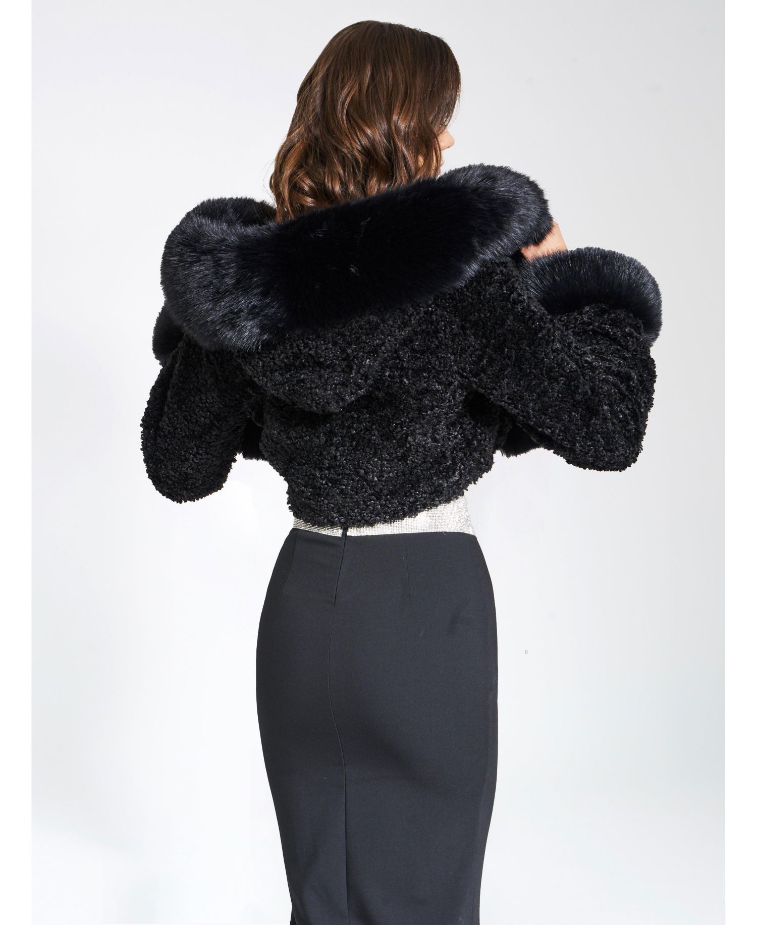 Women's Kali Black Cropped Faux Fur Jacket With Hood