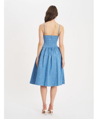 Women's Zadie Cotton Denim Drop Waist Embroidery Flower Midi Dress