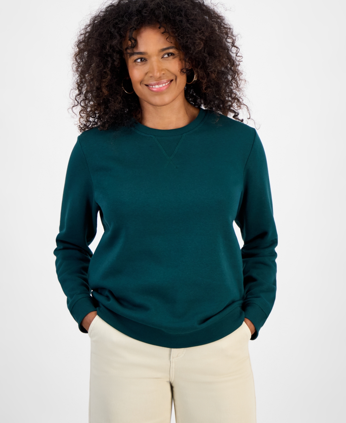 Style & Co Women's Long-sleeve Crewneck Sweatshirt, Created For Macy's In Green