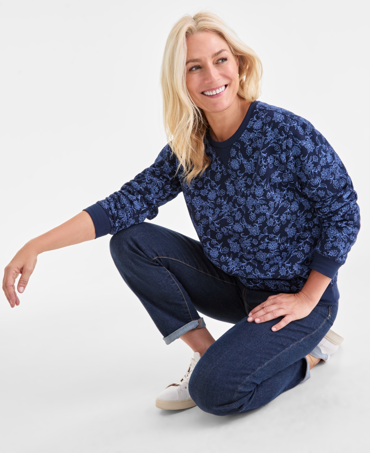 Style & Co Women's Printed Fleece Crewneck Sweatshirt, Macy's Exclusive In Blue