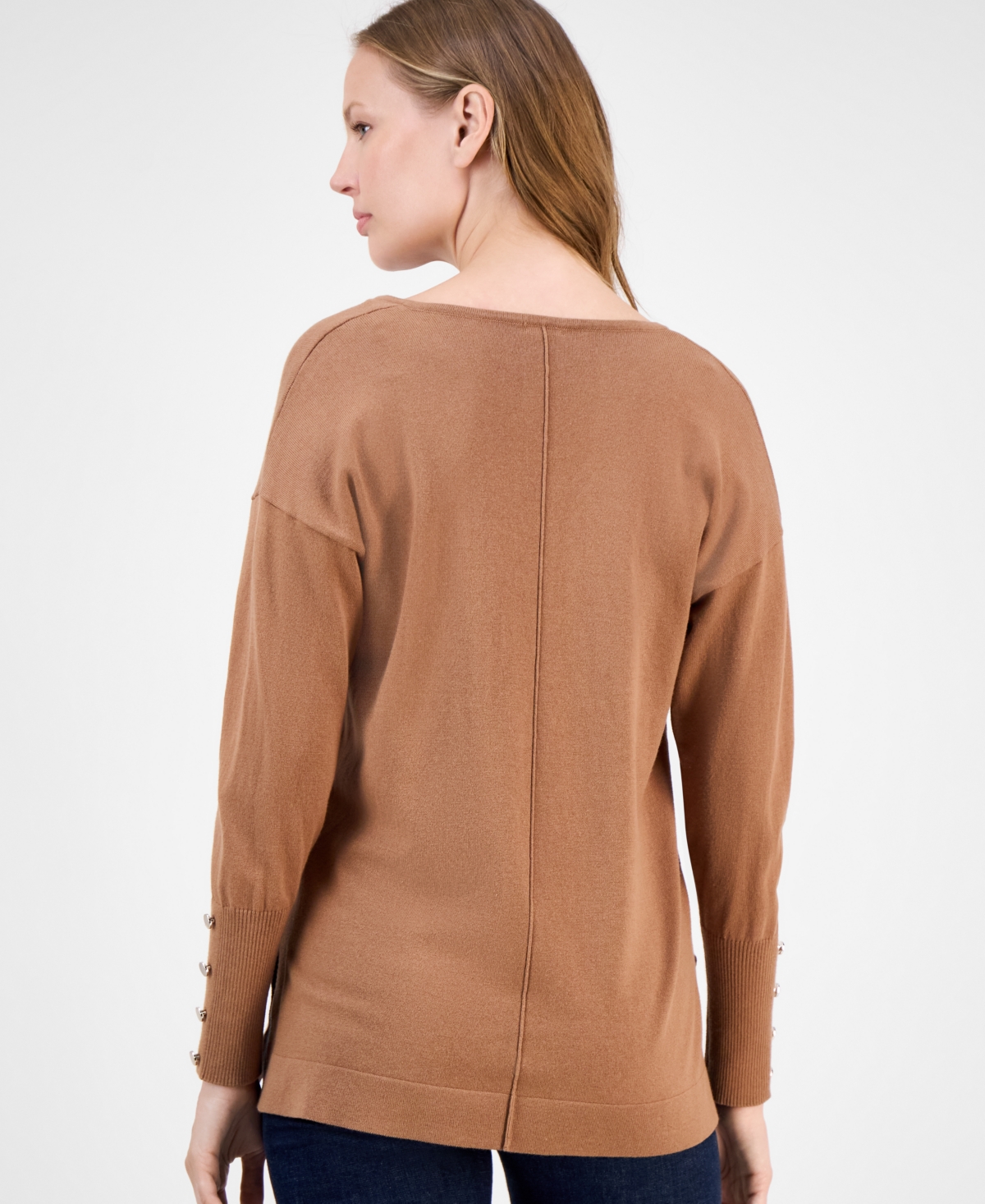 Ak Anne Klein Women's Button-cuff V-neck Top In Brown