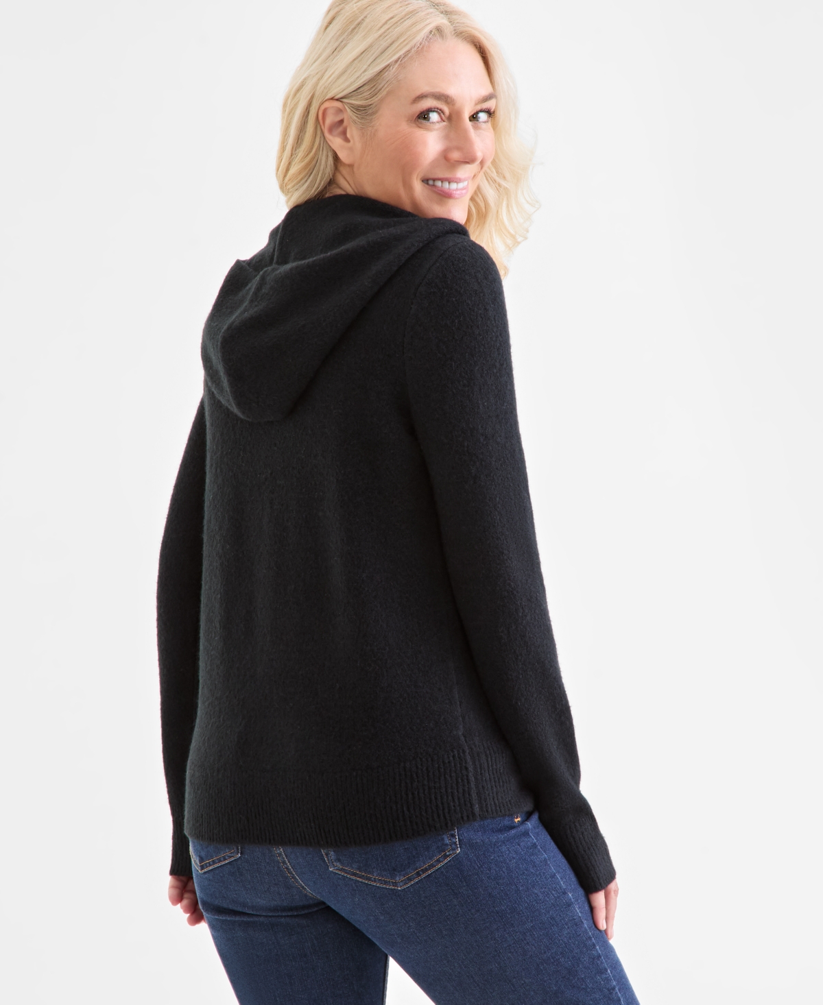 Style & Co Petite Zip-front Hooded Sweater, Macy's Exclusive In Black