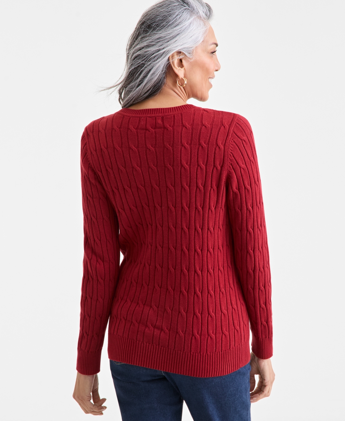 Style & Co Women's Cotton Cable-knit Crewneck Sweater, Created For Macy's In Burgundy