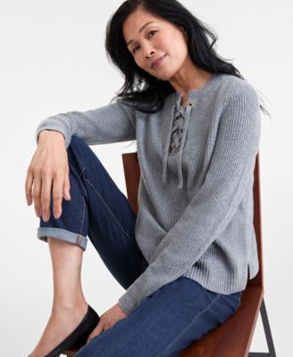 Women's Lace-Up Long-Sleeve Sweater, Macy's Exclusive