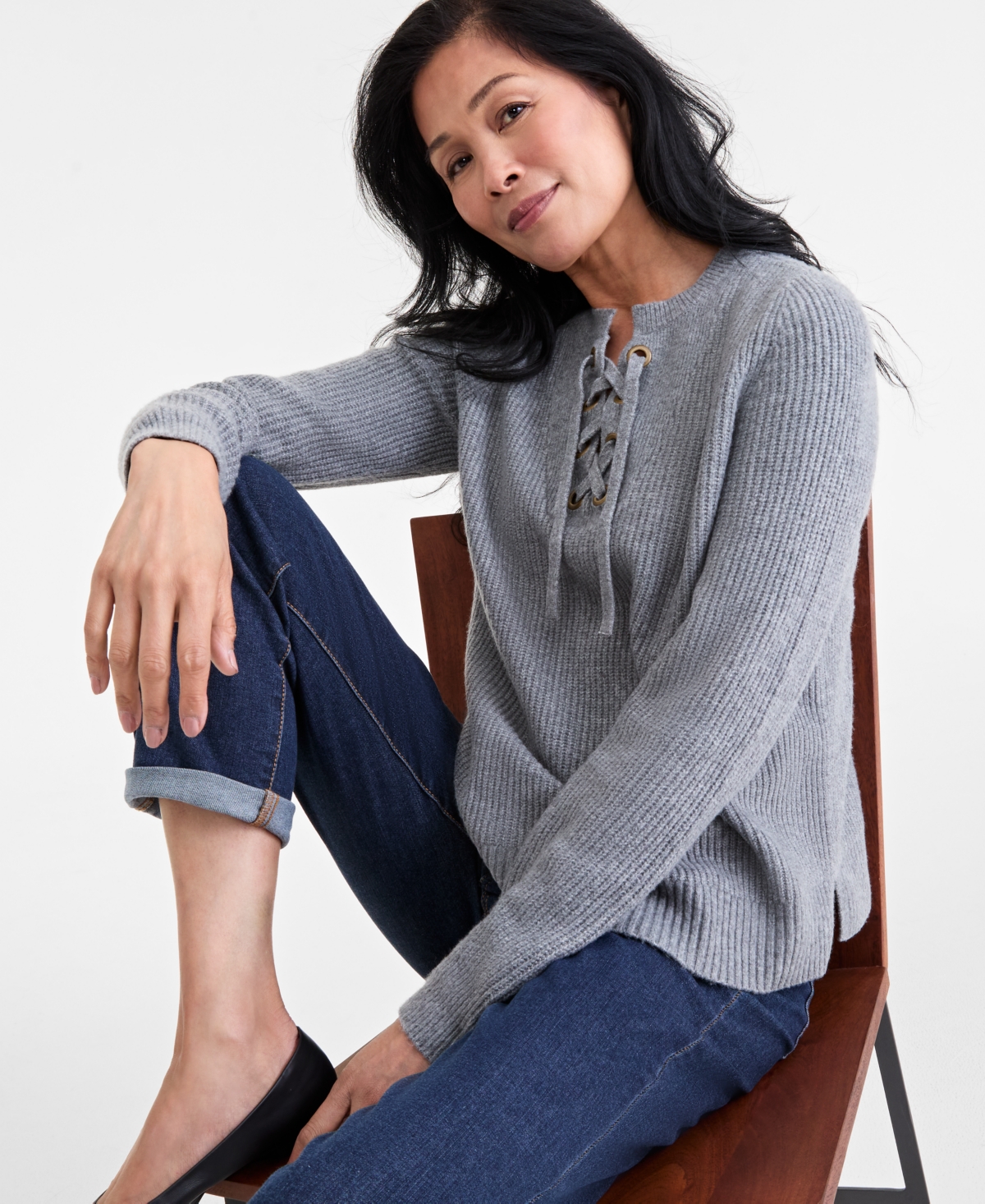 Style & Co Women's Lace-up Long-sleeve Sweater, Macy's Exclusive In Gray