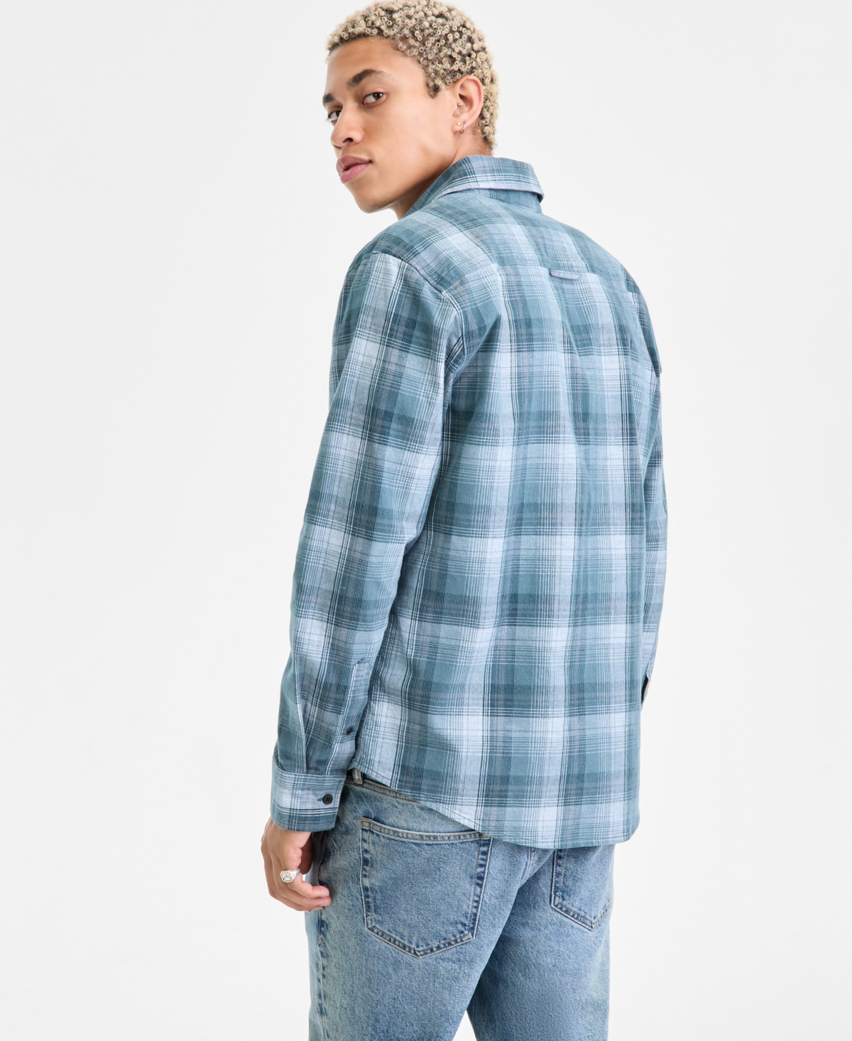 Sun + Stone Men's Long-sleeve Cotton Plaid Corduroy Shirt, Macy's Exclusive In Blue