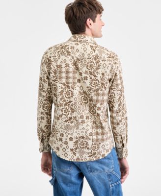Men's Bonds Long-Sleeve Cotton Patchwork-Print Corduroy Shirt, Macy's Exclusive