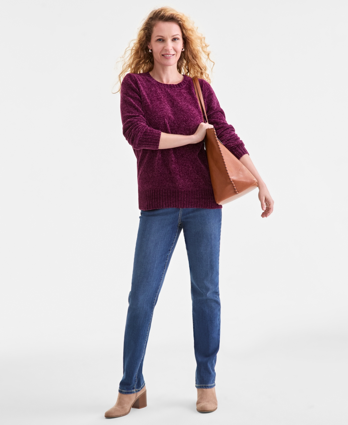 Style & Co Women's Crewneck Chenille Long-sleeve Sweater, Created For Macy's In Burgundy