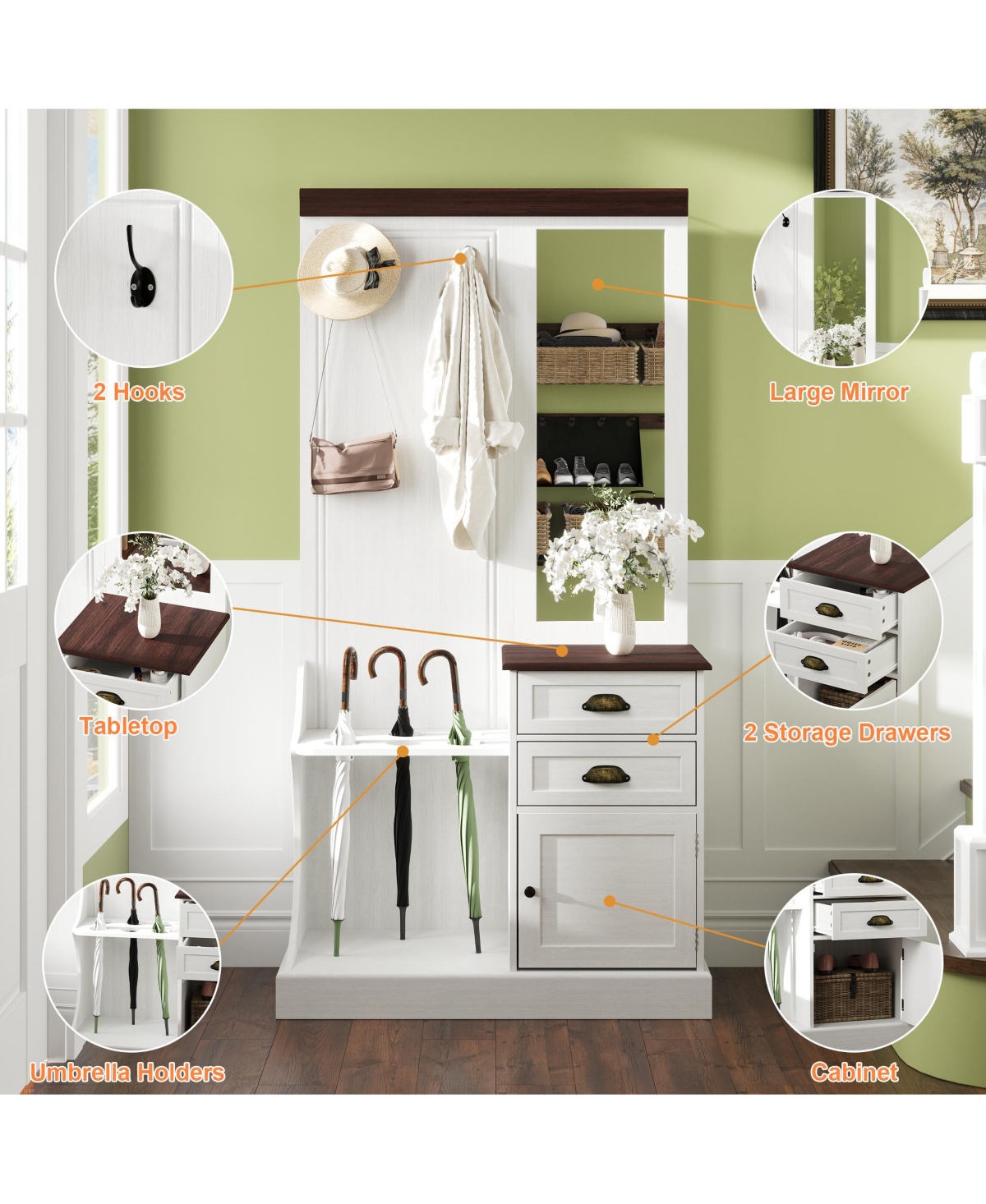 Homsee White multifunctional hall tree with mirror and hooks