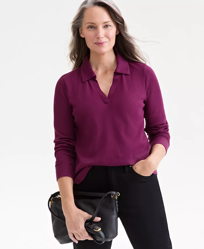 Women's Waffle-Knit Long-Sleeve Polo Top - thumbnail 4