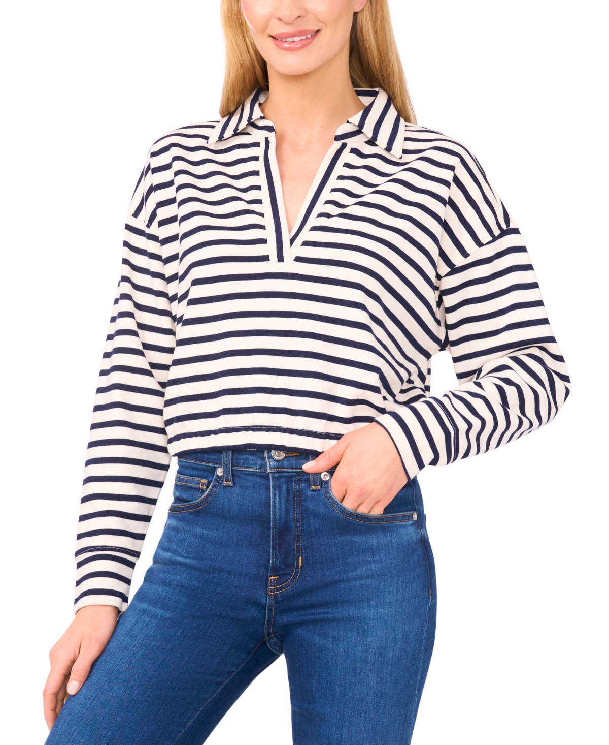 Women's Long Sleeve Elastic Waist Collar Top - Classic Navy