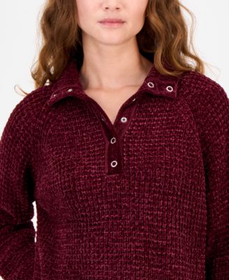 Juniors' Snap-Front Chenille Long-Sleeve Sweater 