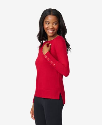 Women's Fine Gauge Boat-Neck Buttoned-Cuff Sweater