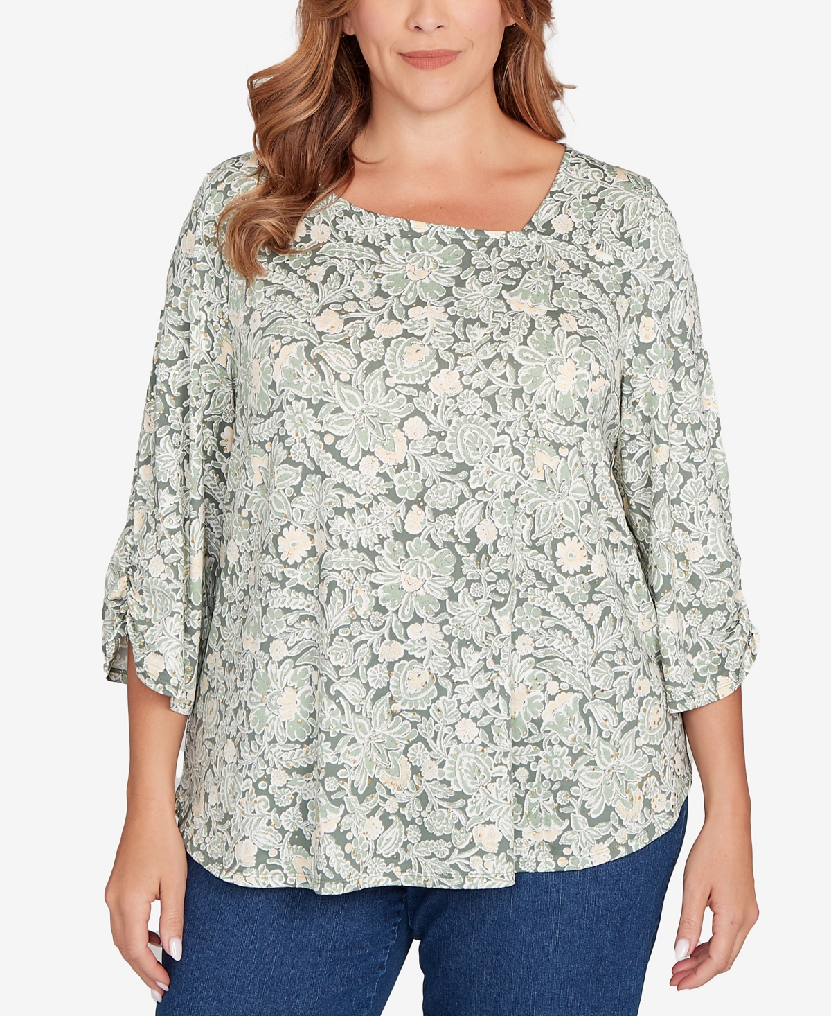 Plus Size Floral Dew Drop Ruched Sleeves Top - Loden Multi