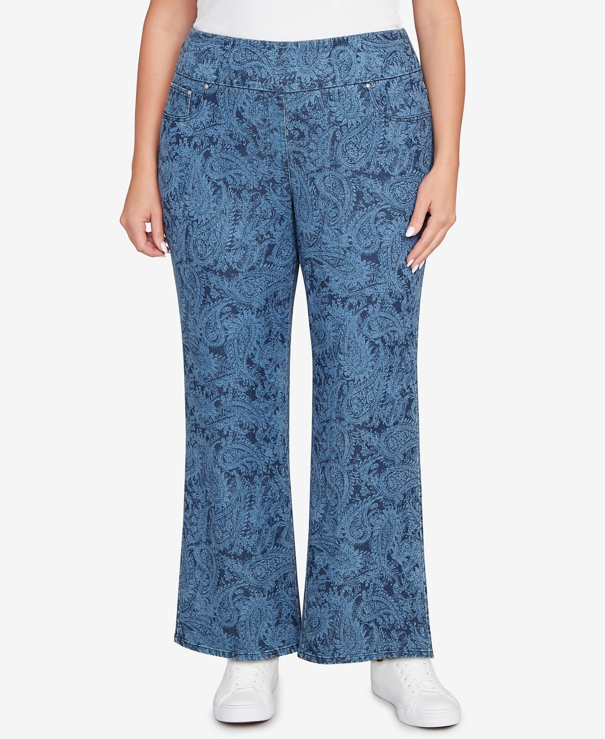 Plus Size Paisley Stretch Denim Pull-On Ankle Jeans - Dark Indigo Multi