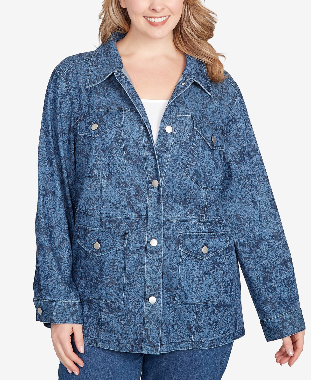 Plus Size Wide Leg Floral Cutout Jacket - Dark Indigo Multi