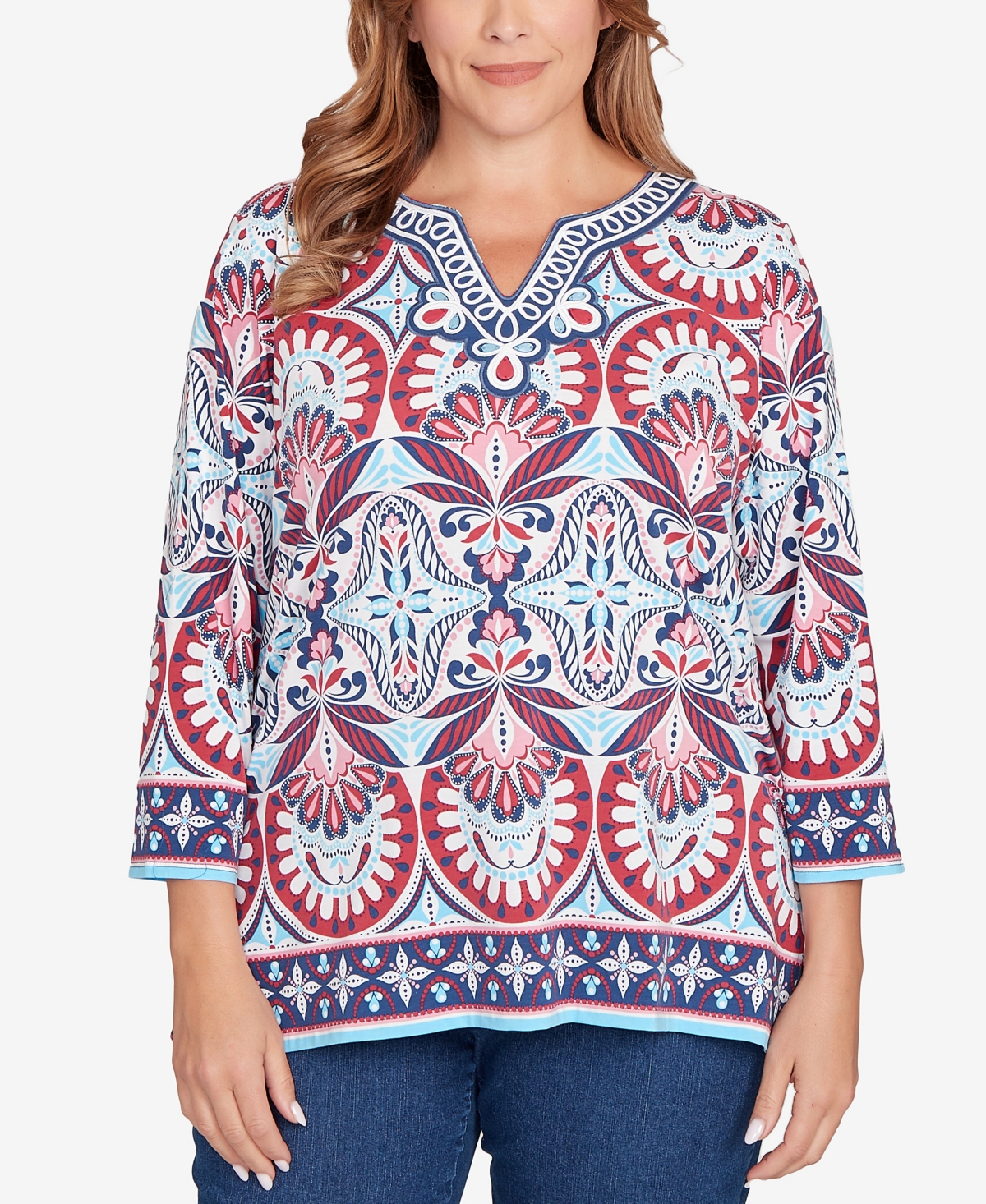 Plus Size Embellished Geo Border Knit Top - Indigo Multi