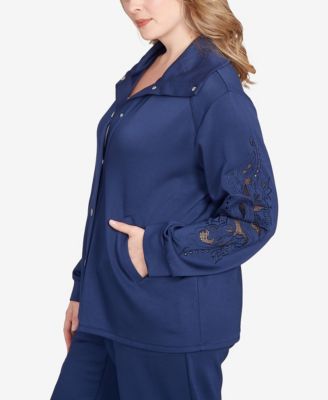 Plus Size Embroidered Floral Cutout Snap Jacket