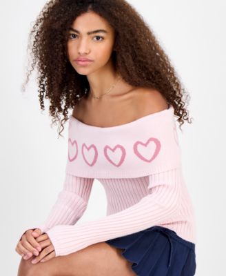 Juniors' Jacquard-Heart Off-The-Shoulder Sweater