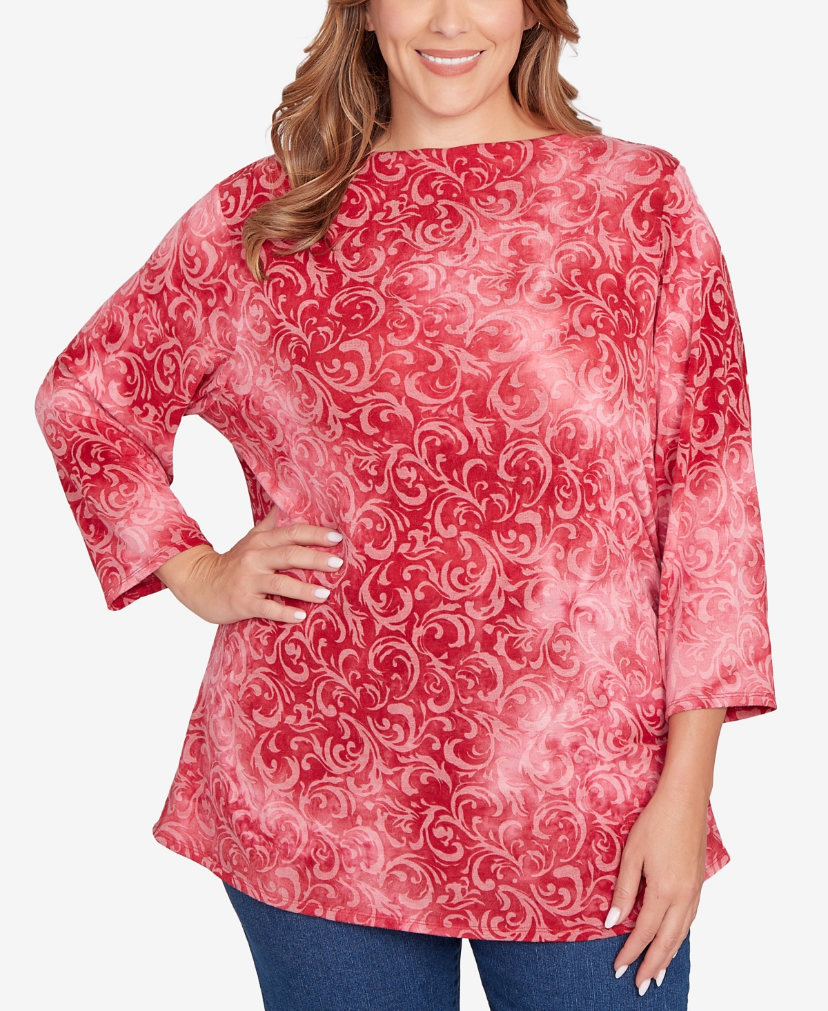 Plus Size Tie Dye Scroll Floral Top - Sangria
