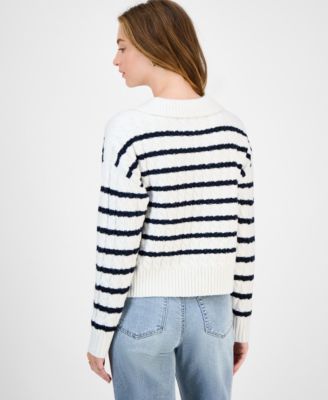 Juniors' Striped Cable-Knit Collar Sweater